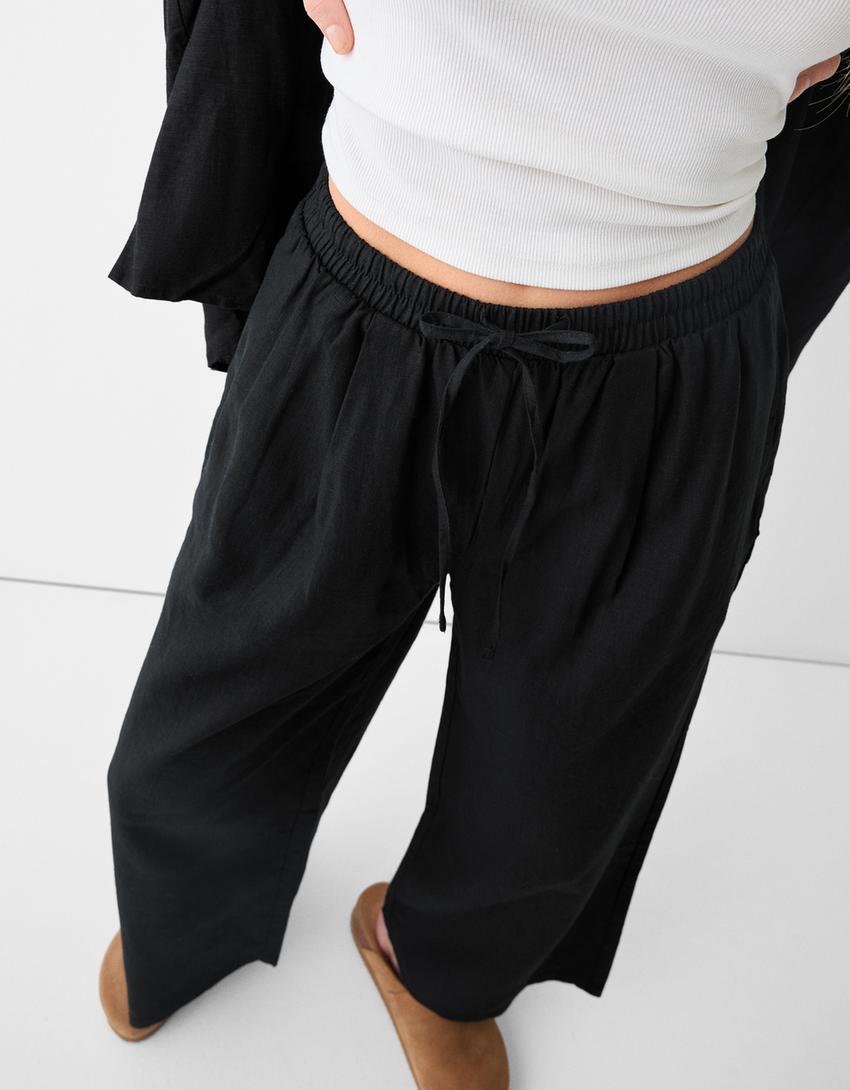 Culottes with linen and an elastic waist-Black-3