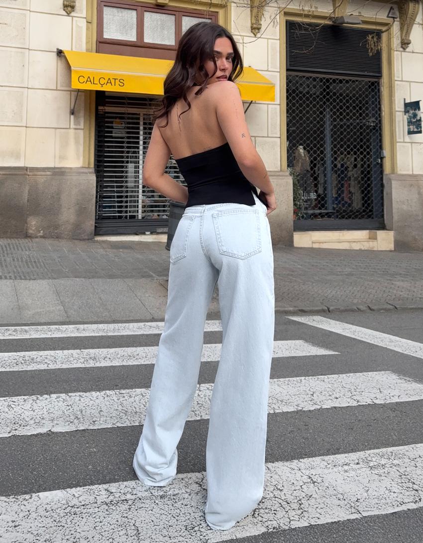 Çapraz belli yüksek bel geniş paça jean-Açık mavi