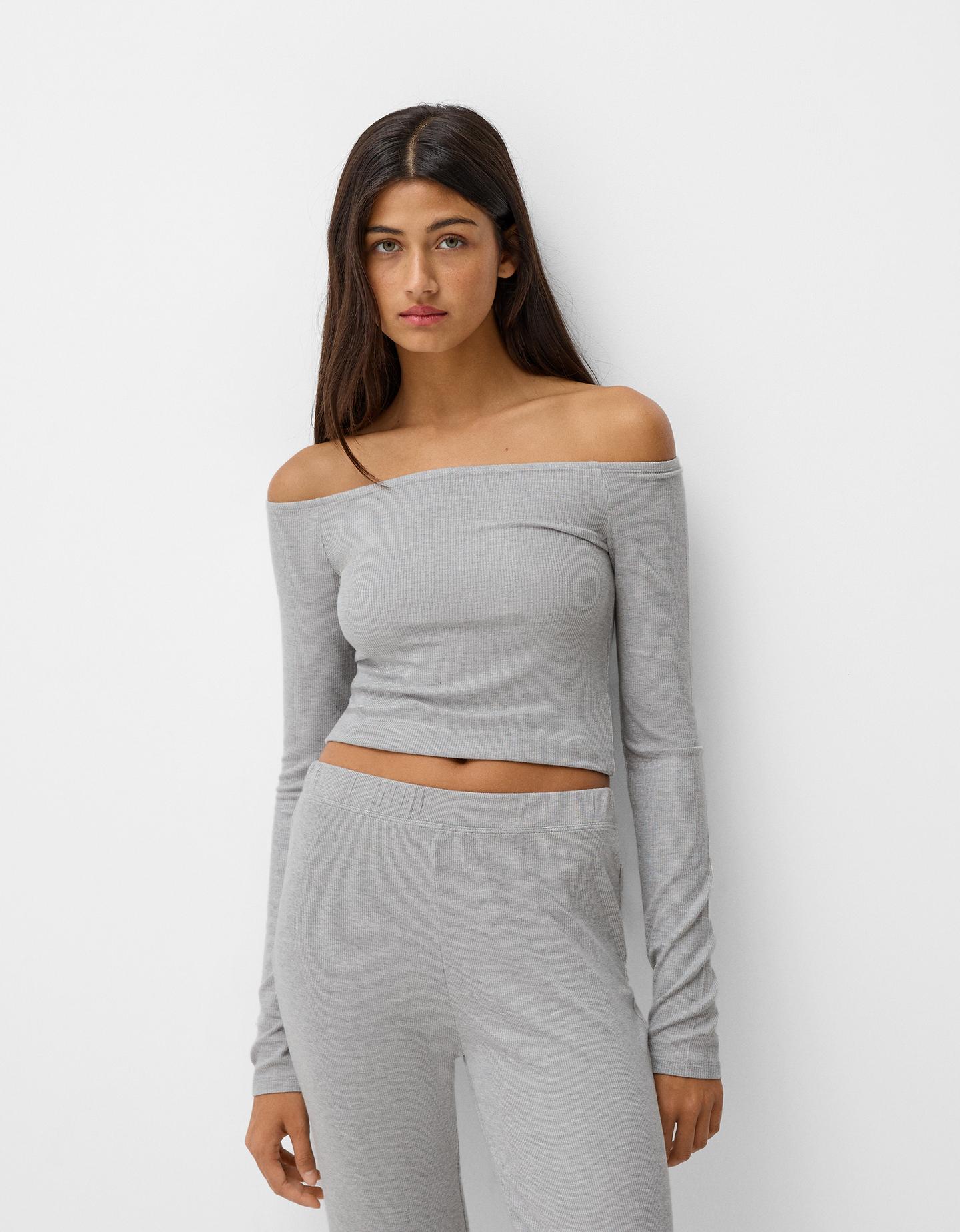 Bershka Maglietta A Maniche Lunghe Con Scollo Bardot Donna Xs Grigio