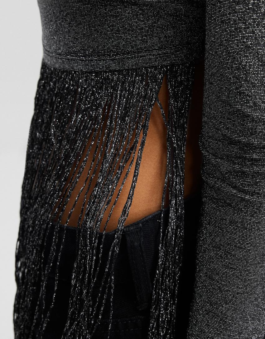 T-shirt manches longues bardot brillants franges-Noir-6
