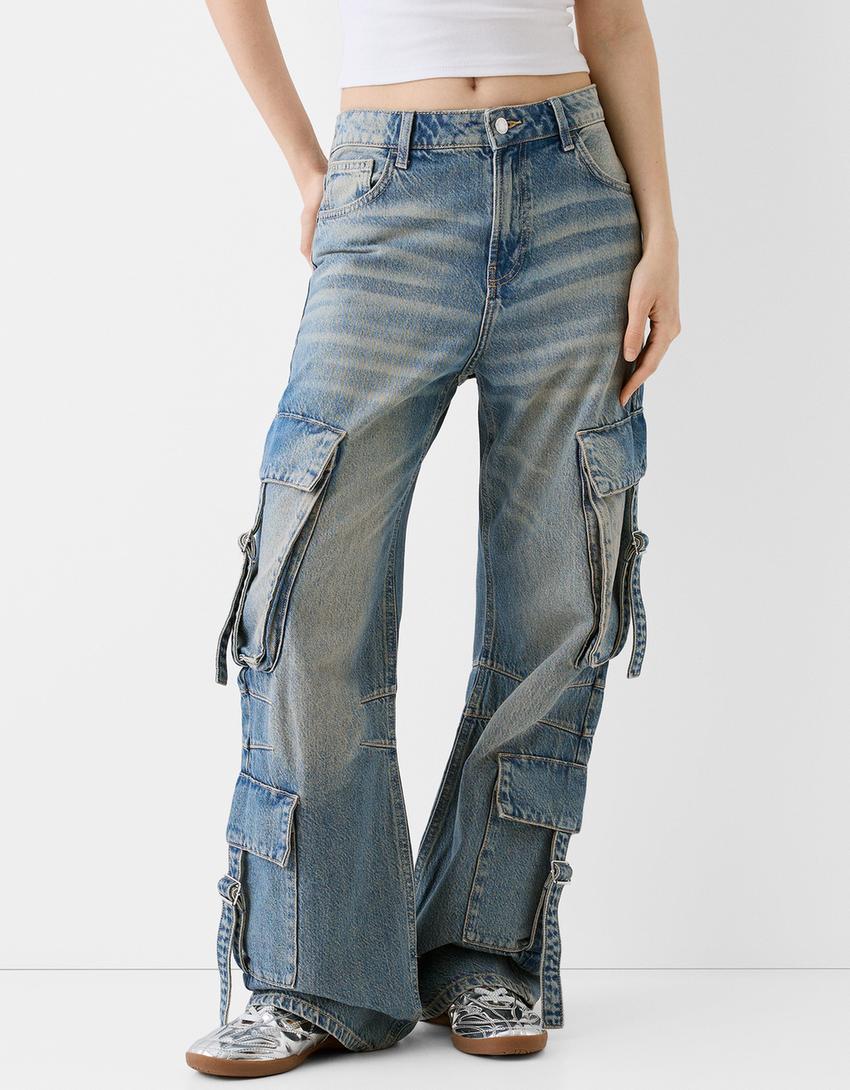 Cargo baggy jeans with straps-Washed out blue-3