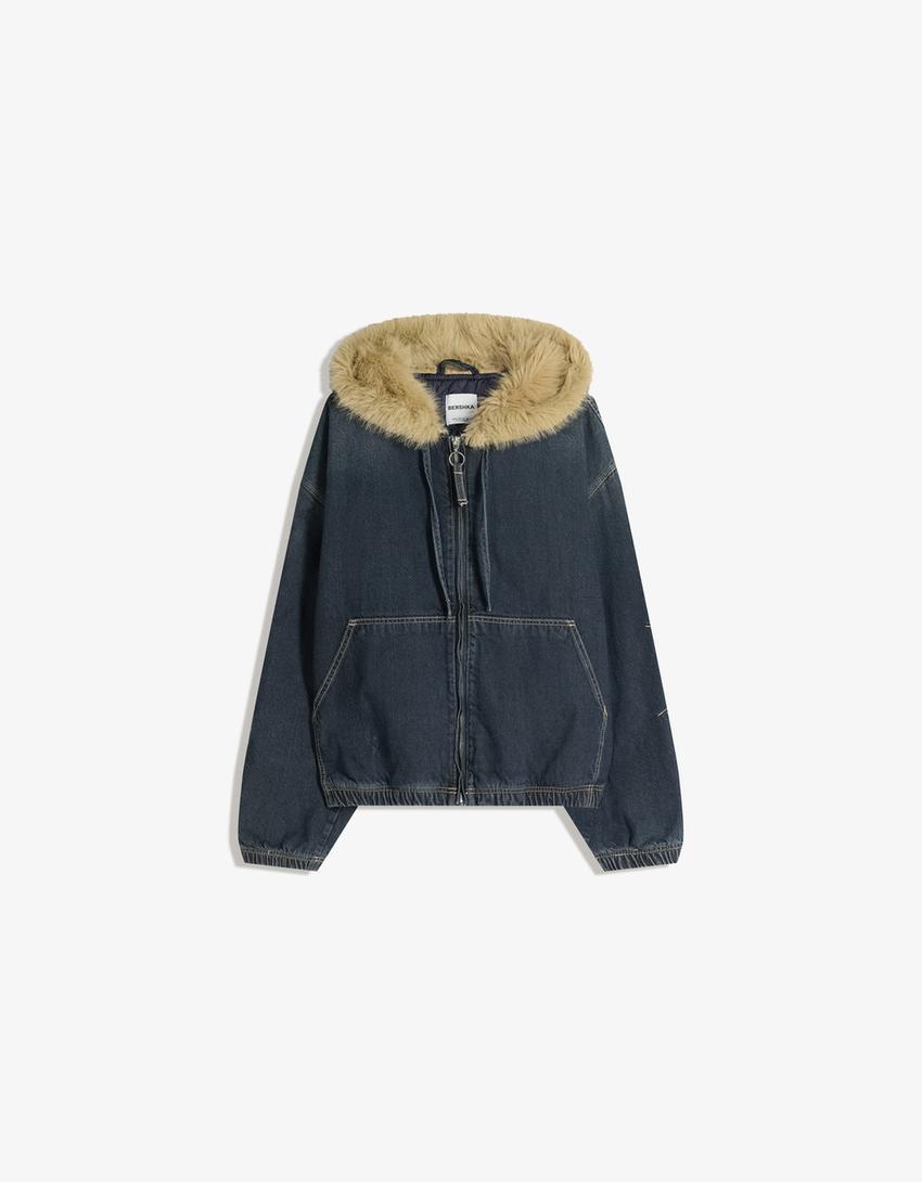 Denim jacket with a faux fur collar-Navy