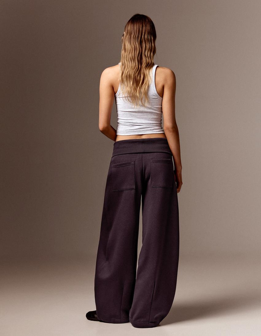 Pantaloni barrel in felpa con vita risvoltata-Viola
