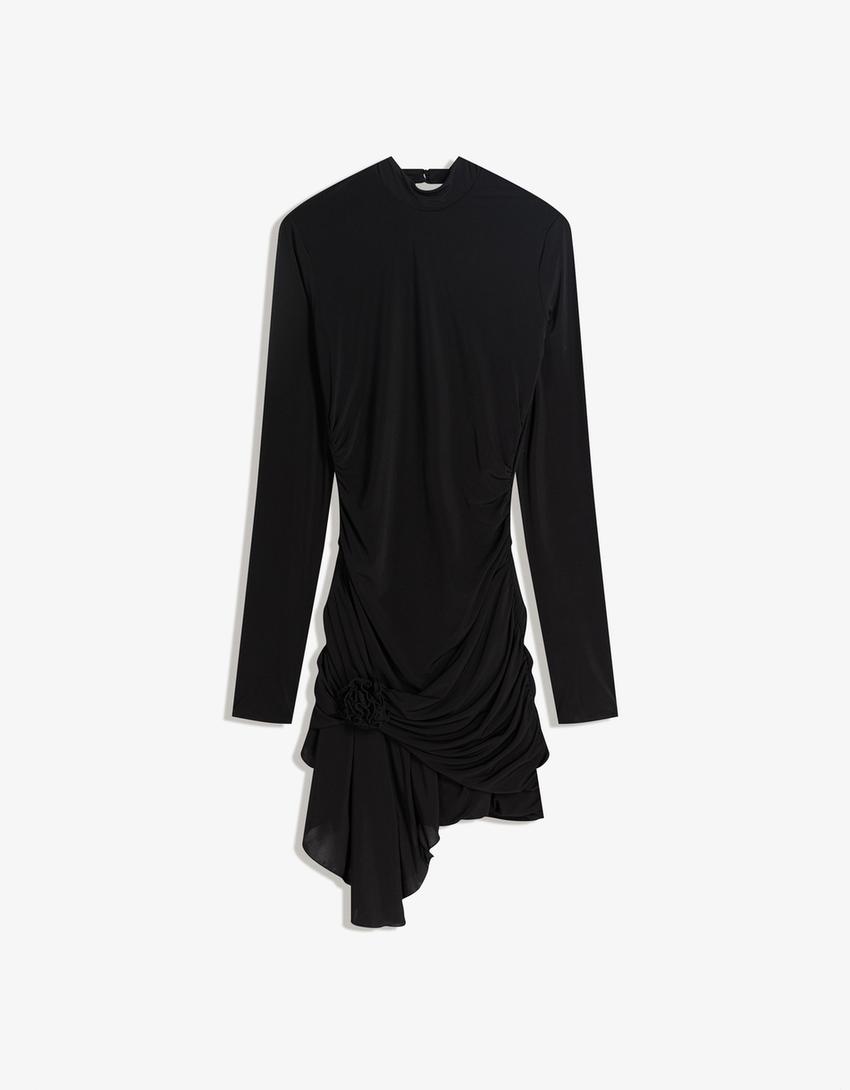 Vestit mini faixí frunziment flor-Negre