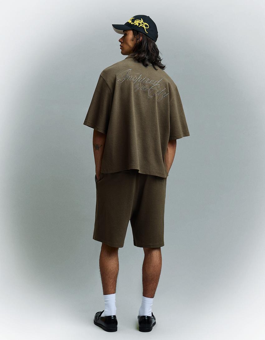 Waffle-knit short sleeve shirt-Khaki