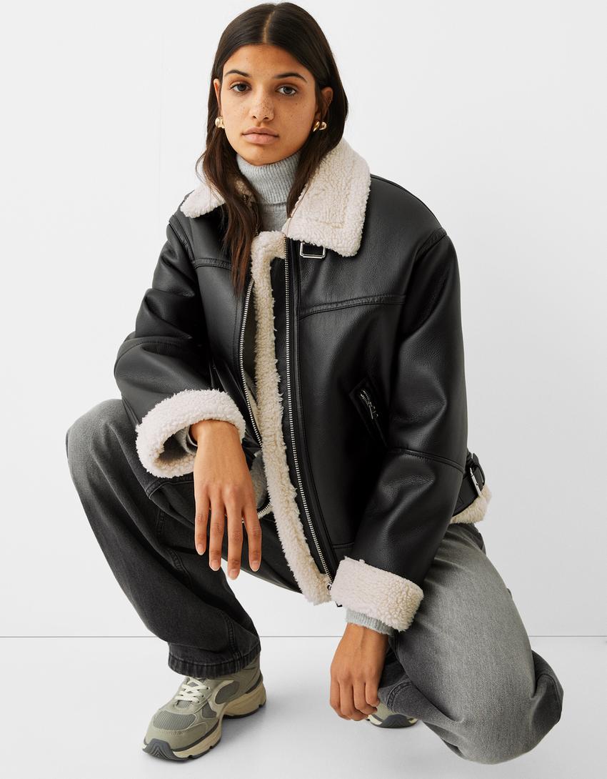 Double-faced faux leather jacket-Black-2