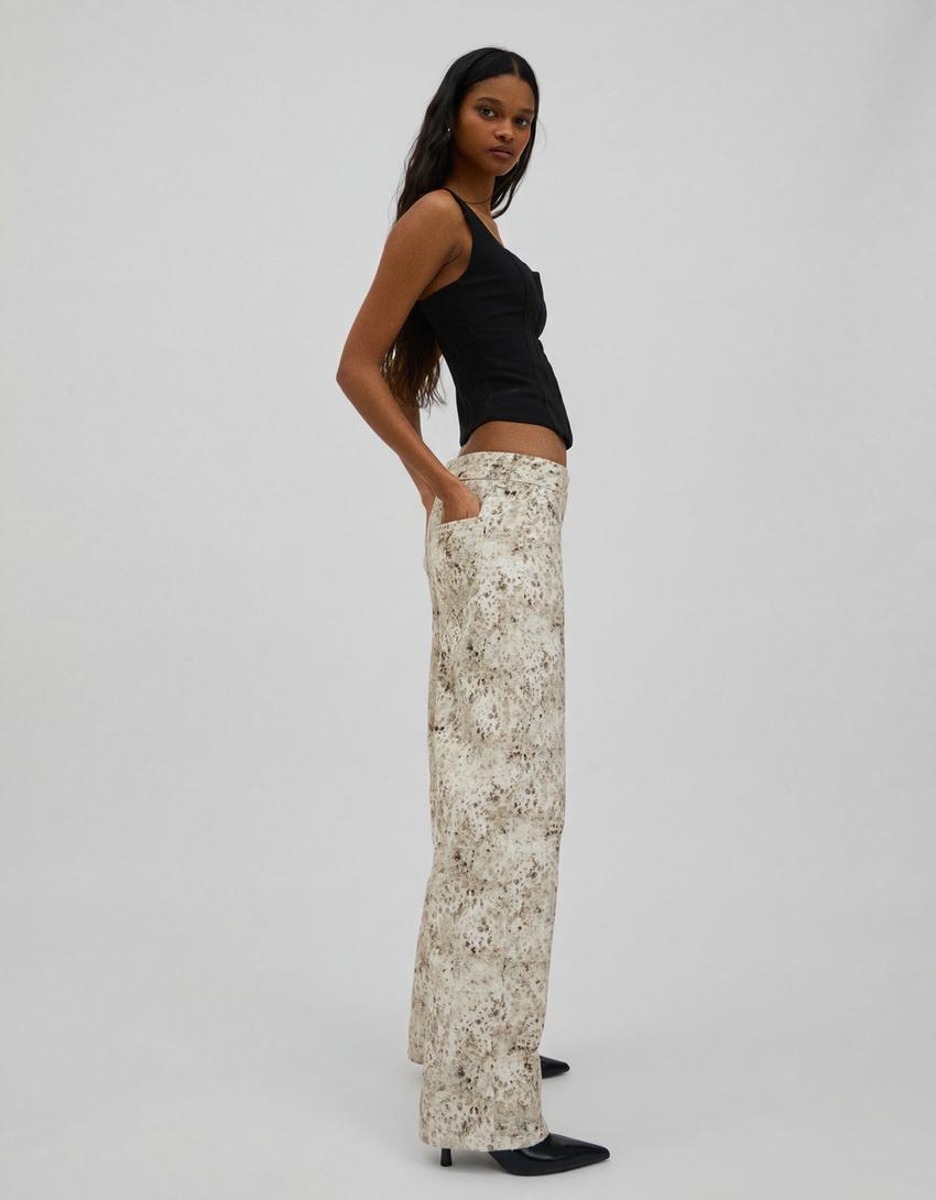 Jeans baggy barrel taille basse imprimé-Écru