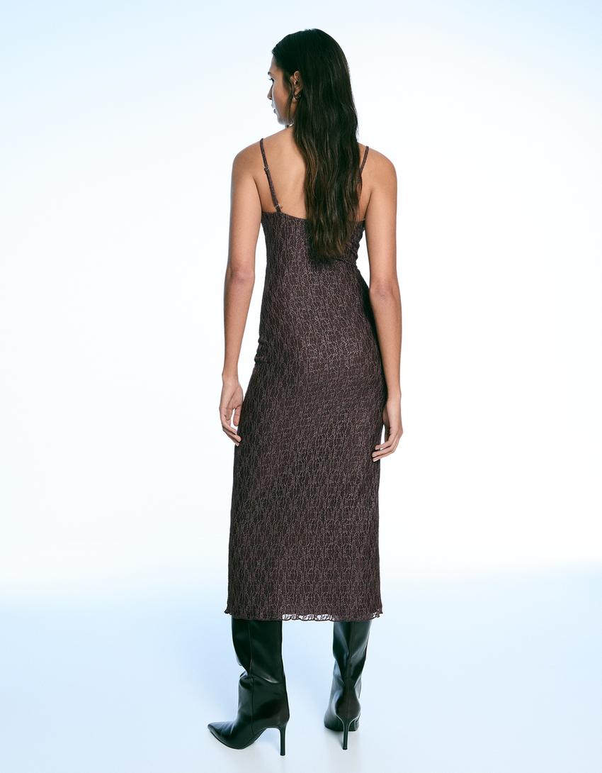 Lace midi strappy dress-Brown