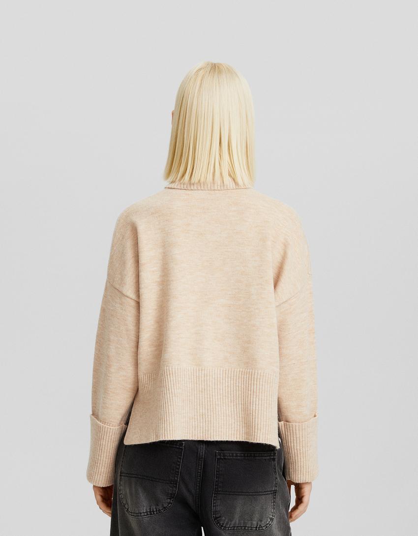 Pull rayé col roulé-Sable-1