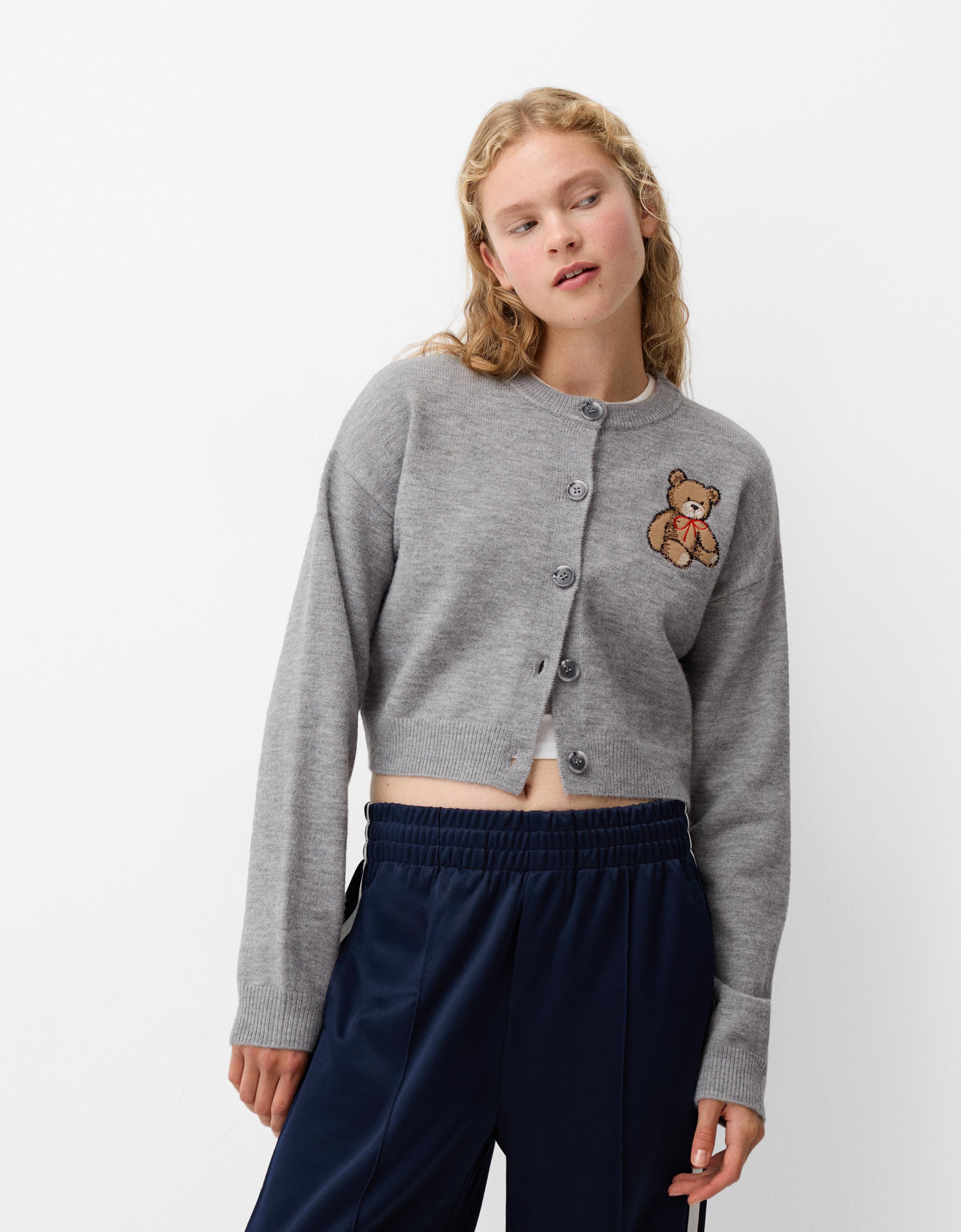 Bershka Cardigan Mit Knöpfen Und Bär Damen M Grau