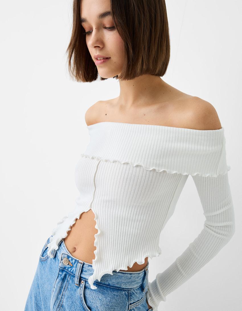 سويتر بياقة باردو وأكمام طويلة-أبيض مطفي-2