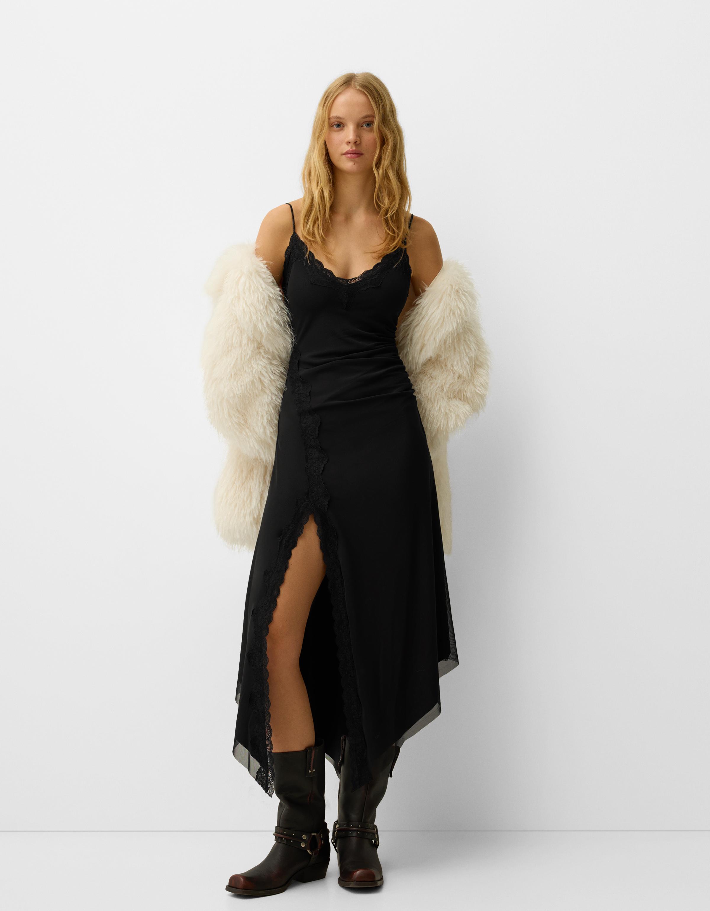 Bershka Midikleid Aus Tüll Mit Spitze Damen M Schwarz