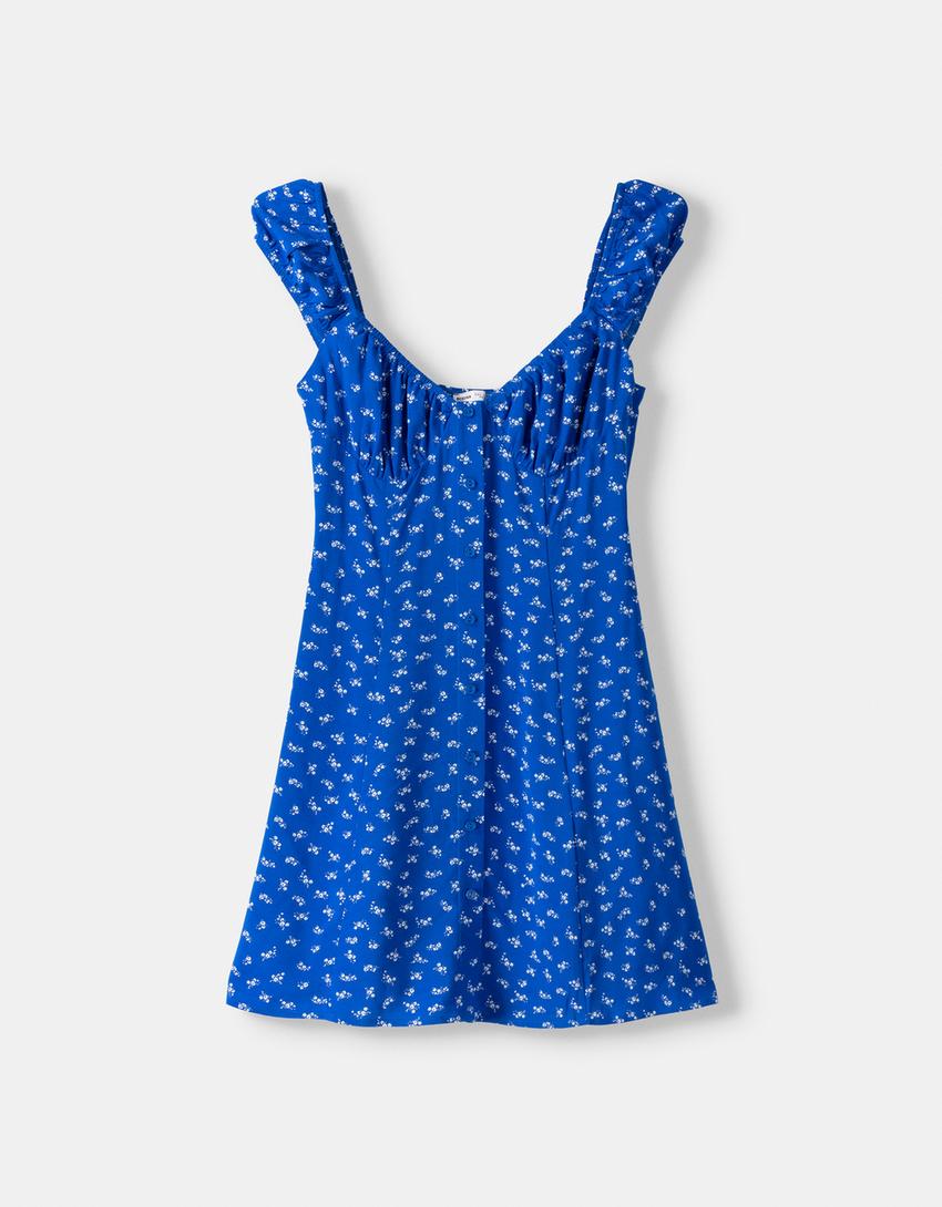 Düğmeli desenli volanlı mini elbise-Mavi-5
