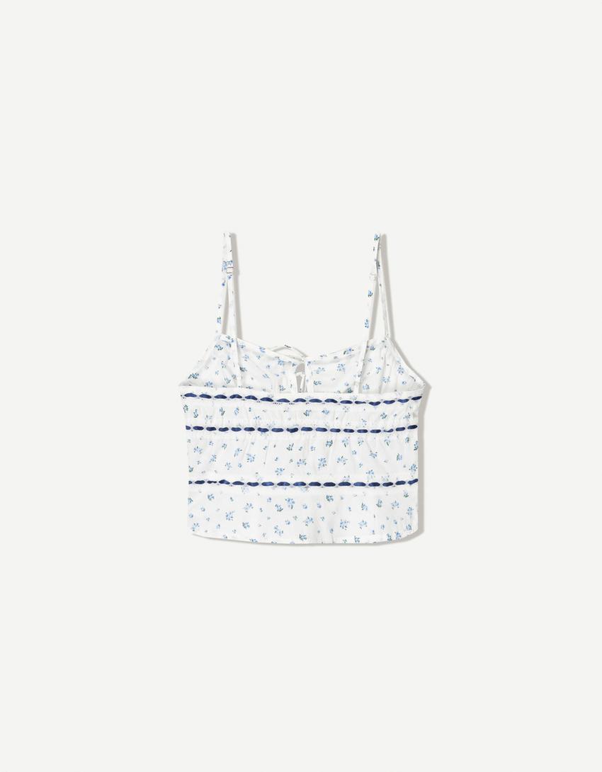 Top met print en kanten afwerking en strikjes-Wit