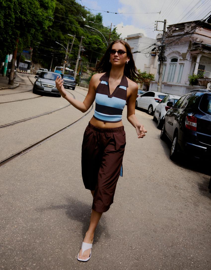 Polo collar top with back knot-Blue