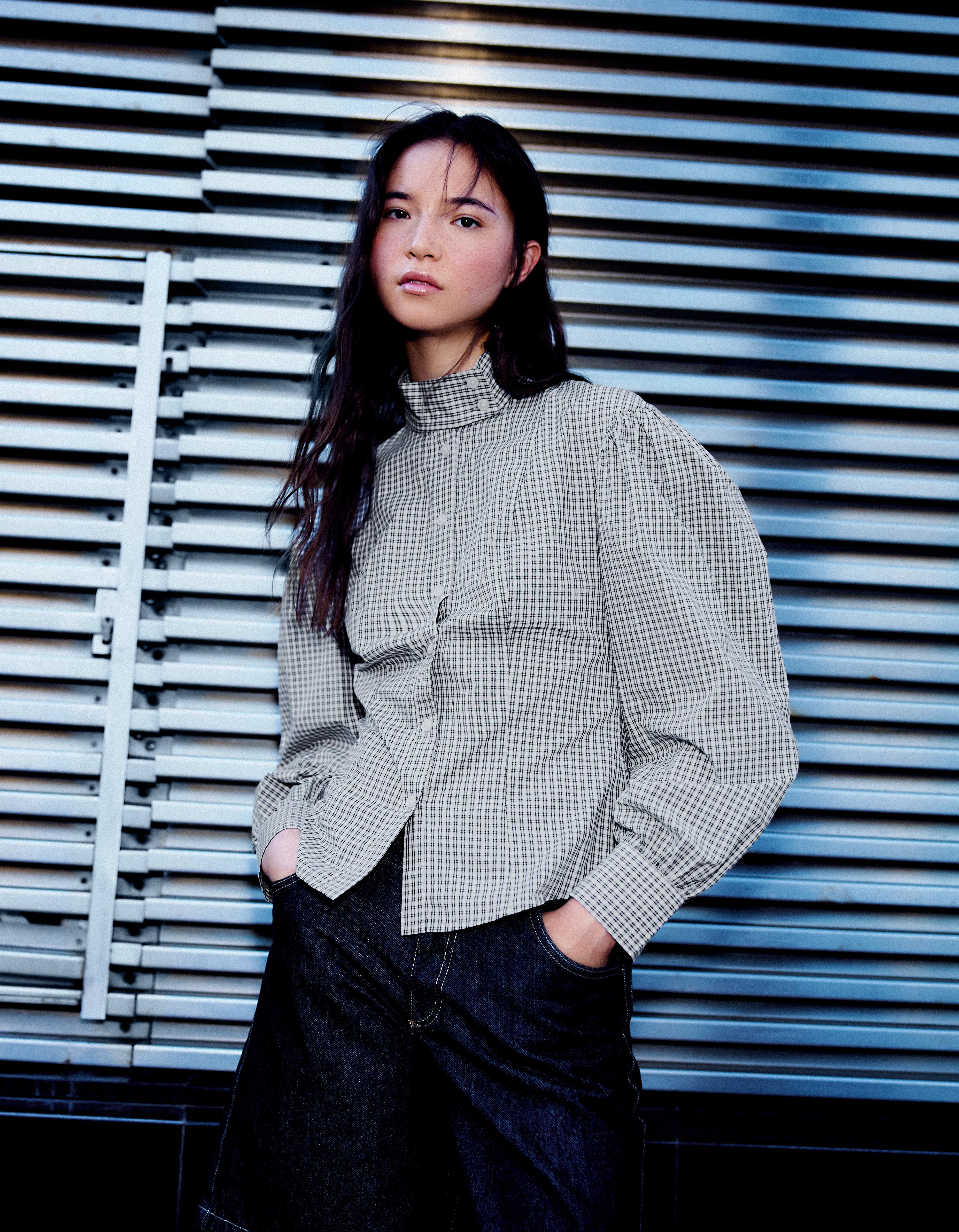 Long sleeve check funnel neck shirt — Cream