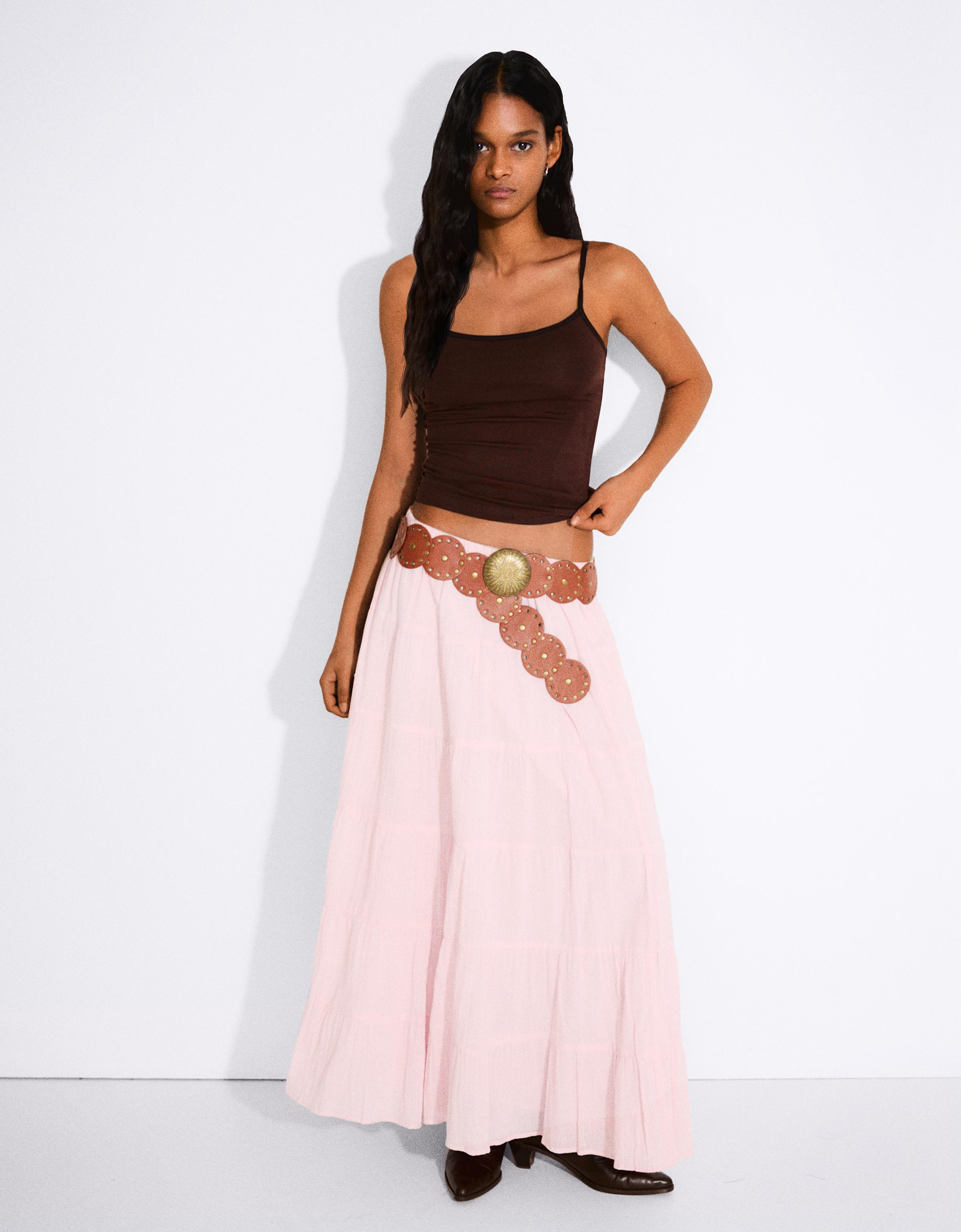 Bershka Maxi-Rock Aus Voile Mit Sohlen Damen S Rosa