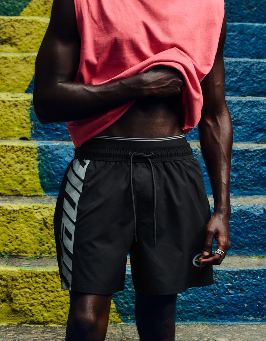 Boxy fit çift bel baskılı mayo-Siyah