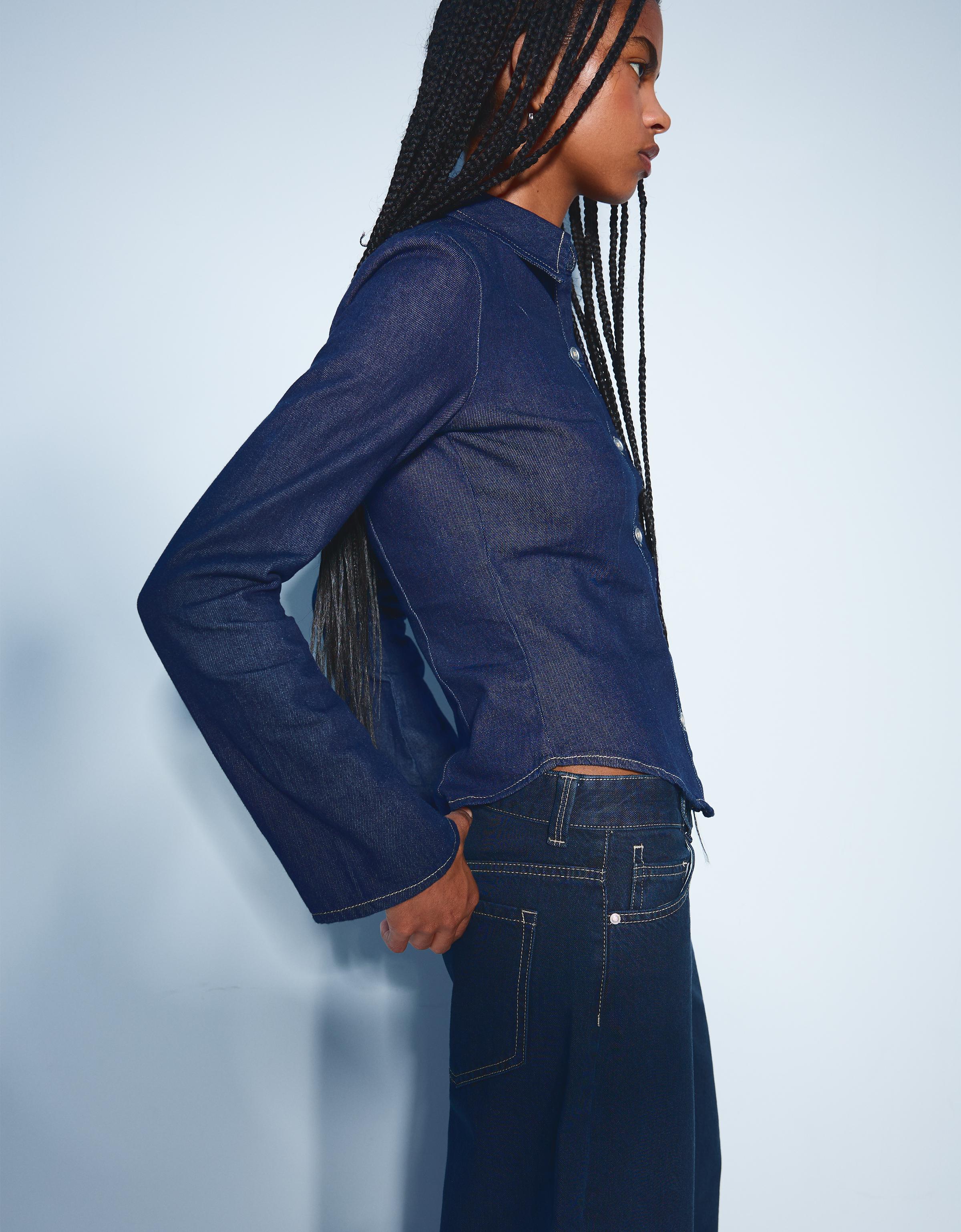 Bershka Denim-Hemd Mit Langen Ärmeln Damen Xs Marinenblau