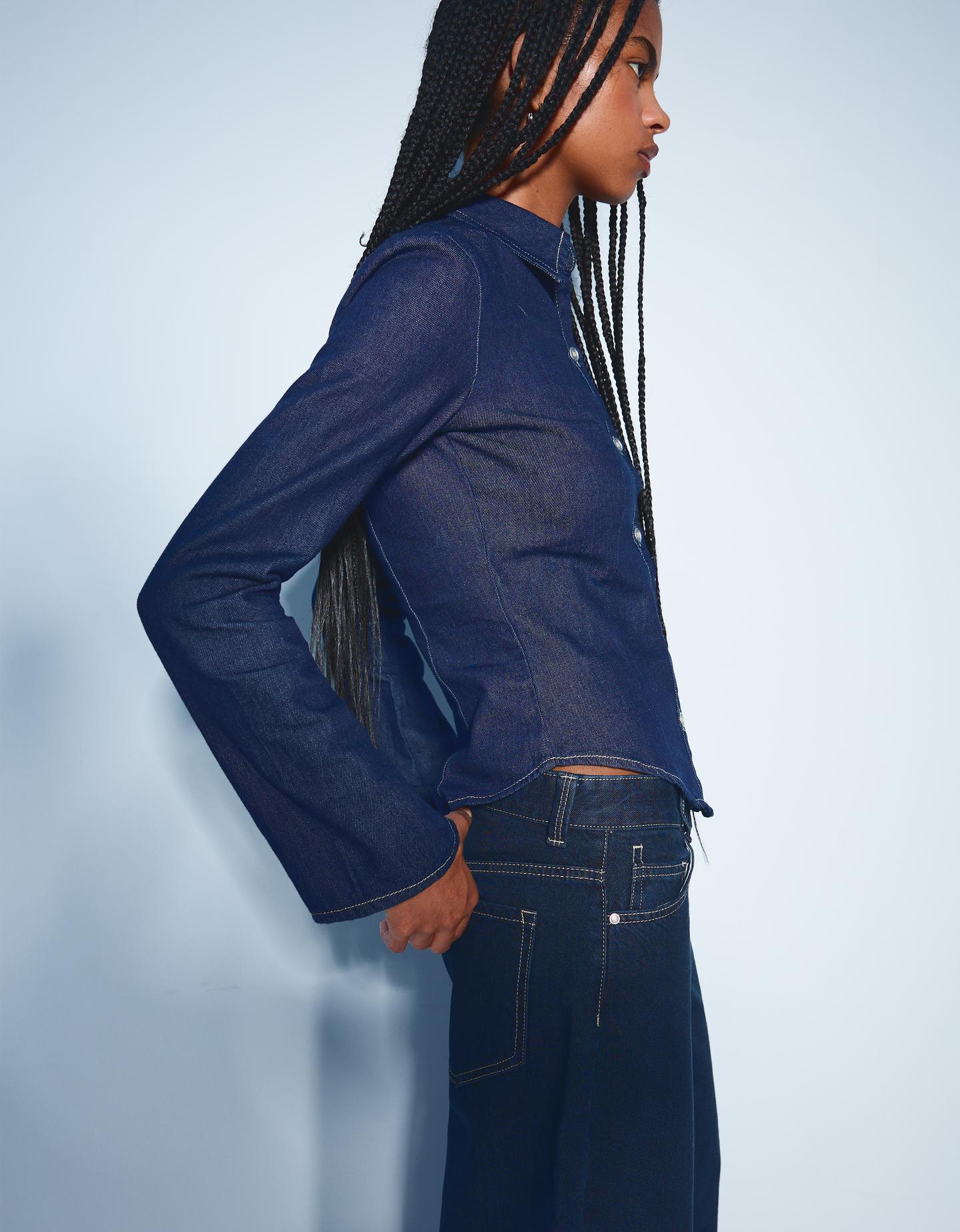 Bershka Camisa Manga Larga Denim Mujer Xs Marino