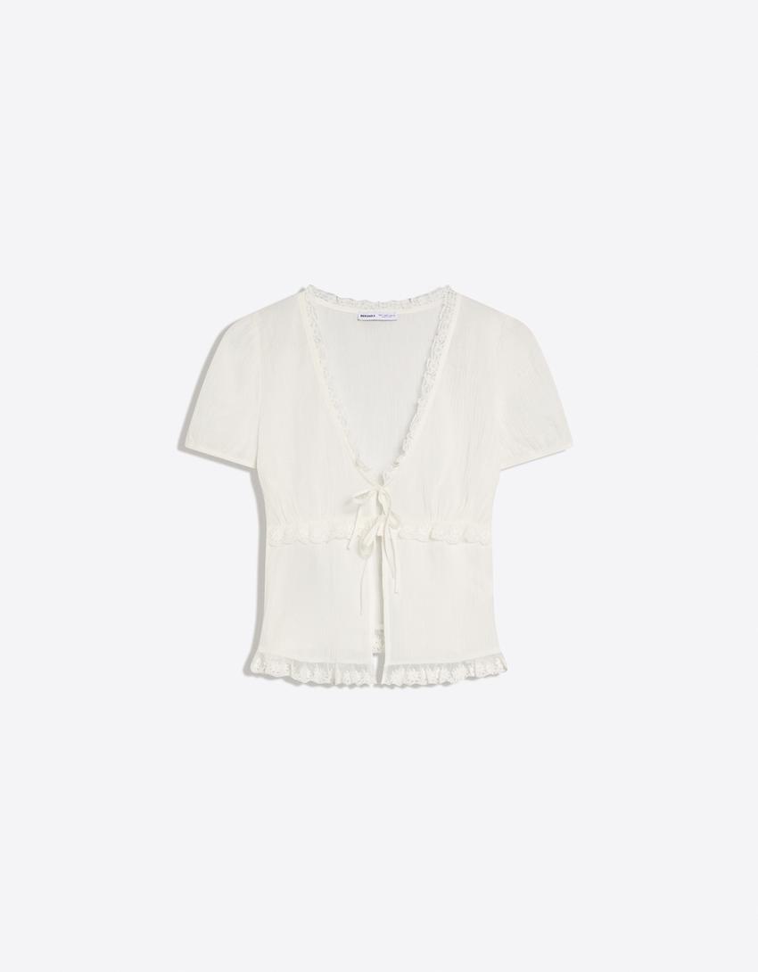 Short sleeve blouse with ties-White