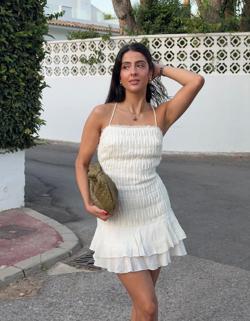 Robe à bretelles rustique à volants-Blanc-3