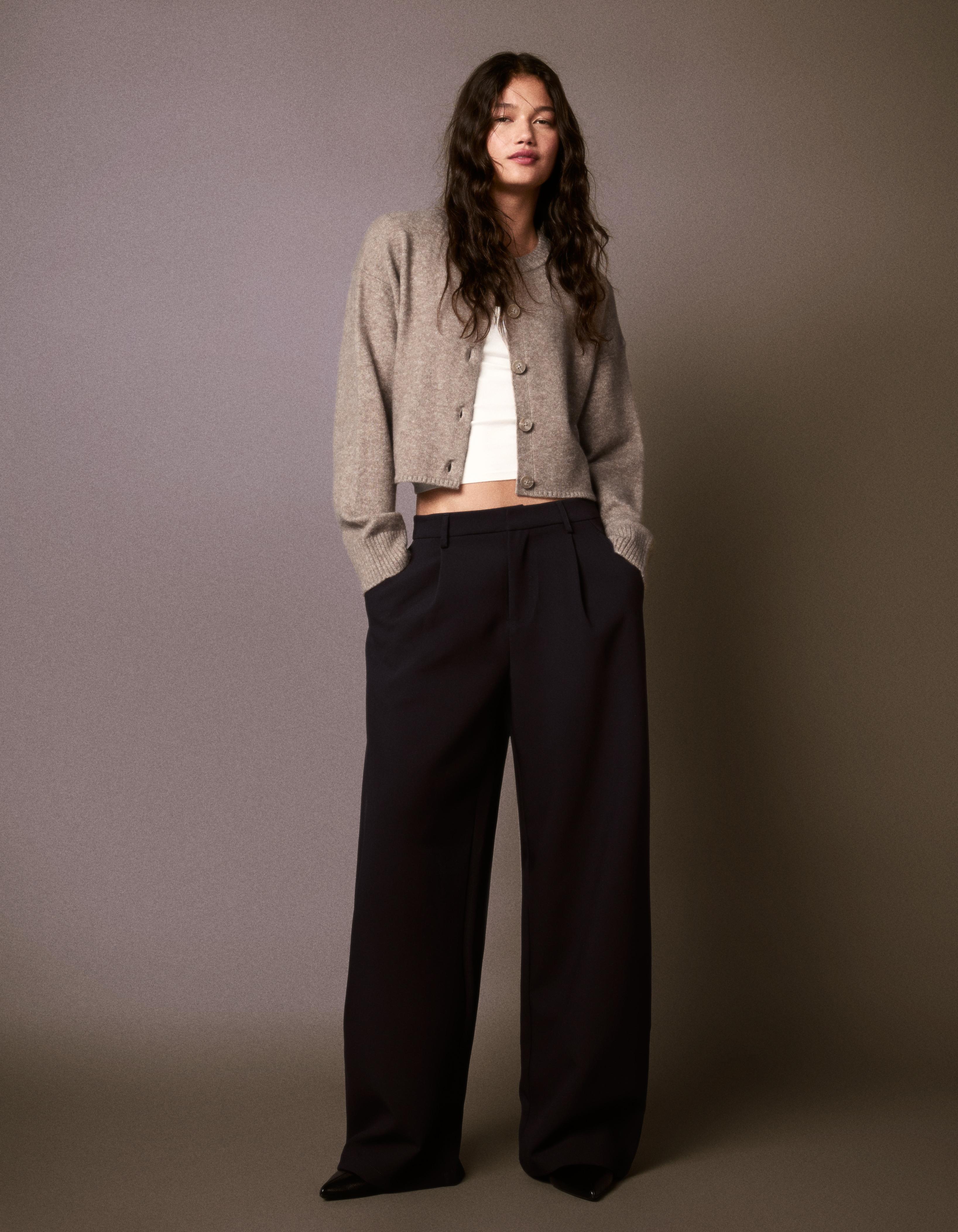 Bershka Chaqueta Punto Cuello Redondo Botones Mujer Gris
