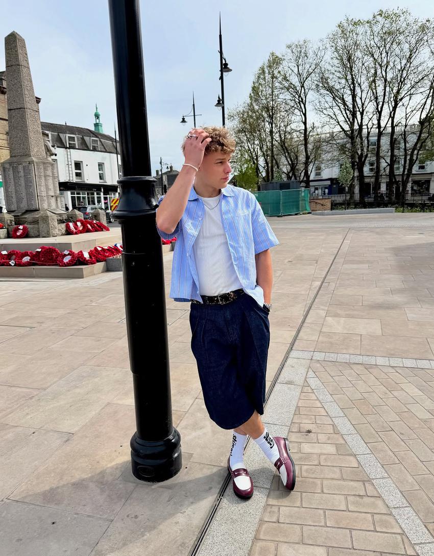 Striped embroidered short sleeve shirt-Light blue-0