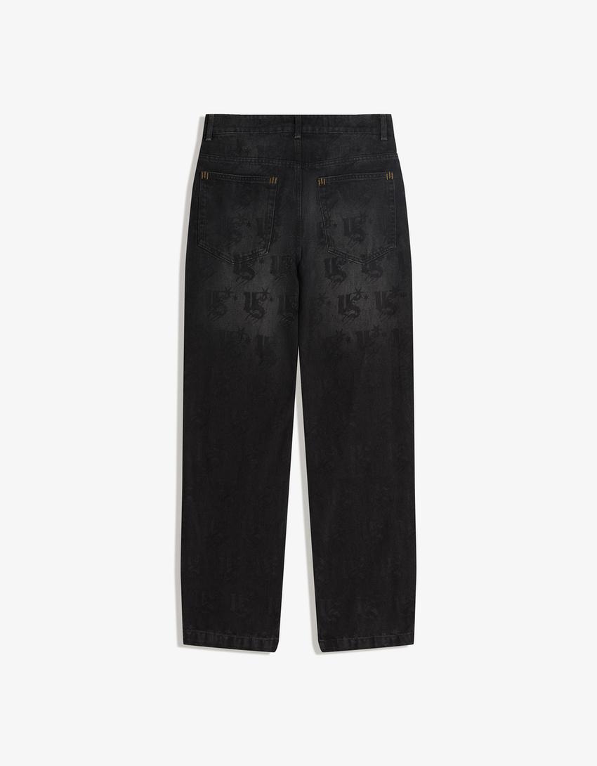 Straight-leg jeans met laserprint-Zwart