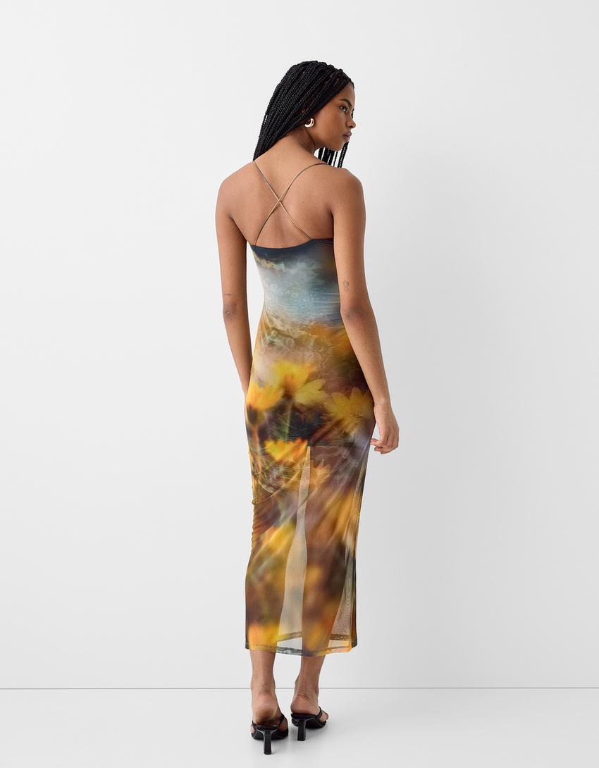 Strappy tulle midi dress-Yellow