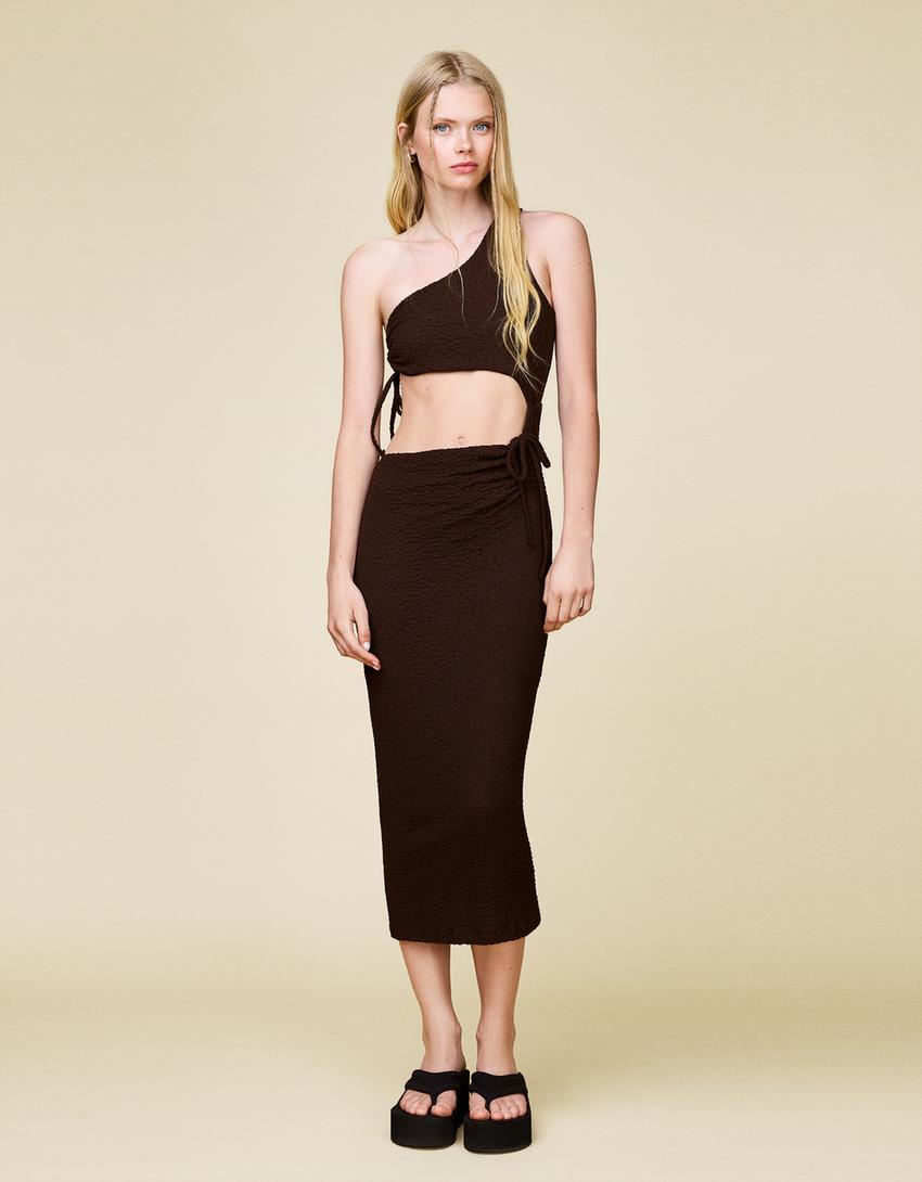 bershka cut out midi dress Bershka cut out front satin midi dress in black & white print