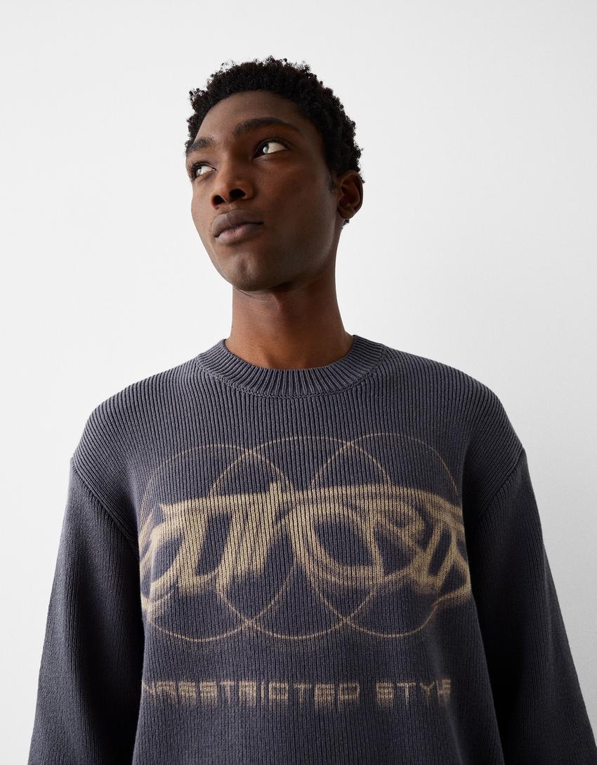 Pull maille côtelée imprimé-Gris foncé-2