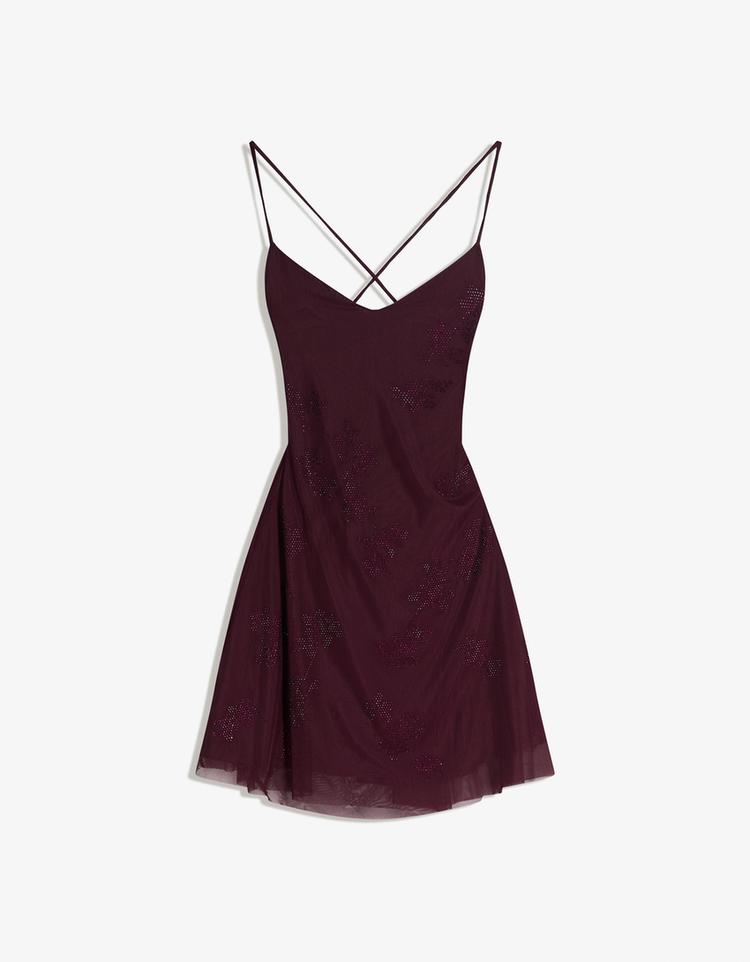 Minivestido de alças de tule e strass