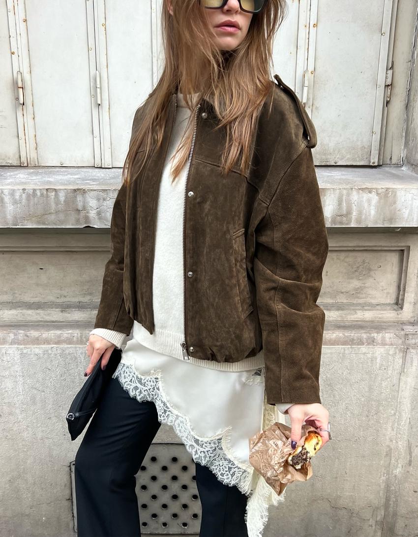 Leather and suede jacket-Khaki