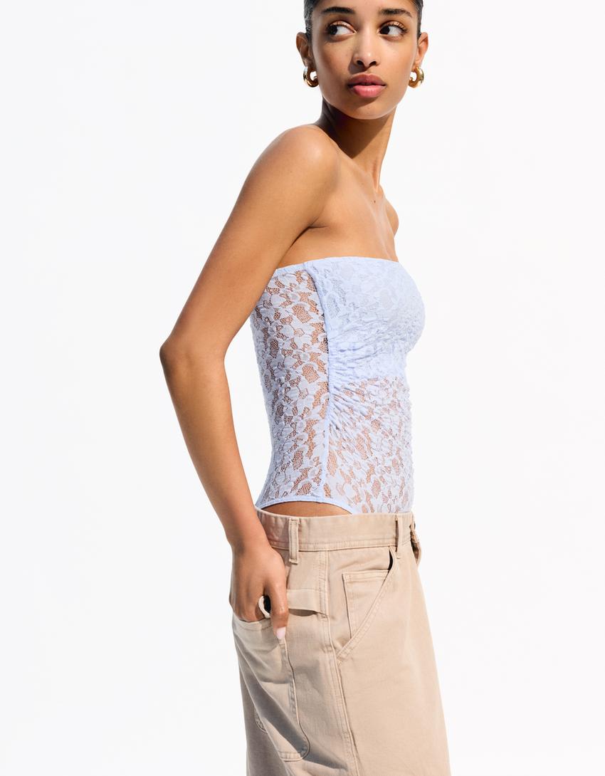 Blonde lace bandeau neckline bodysuit-Light blue-2