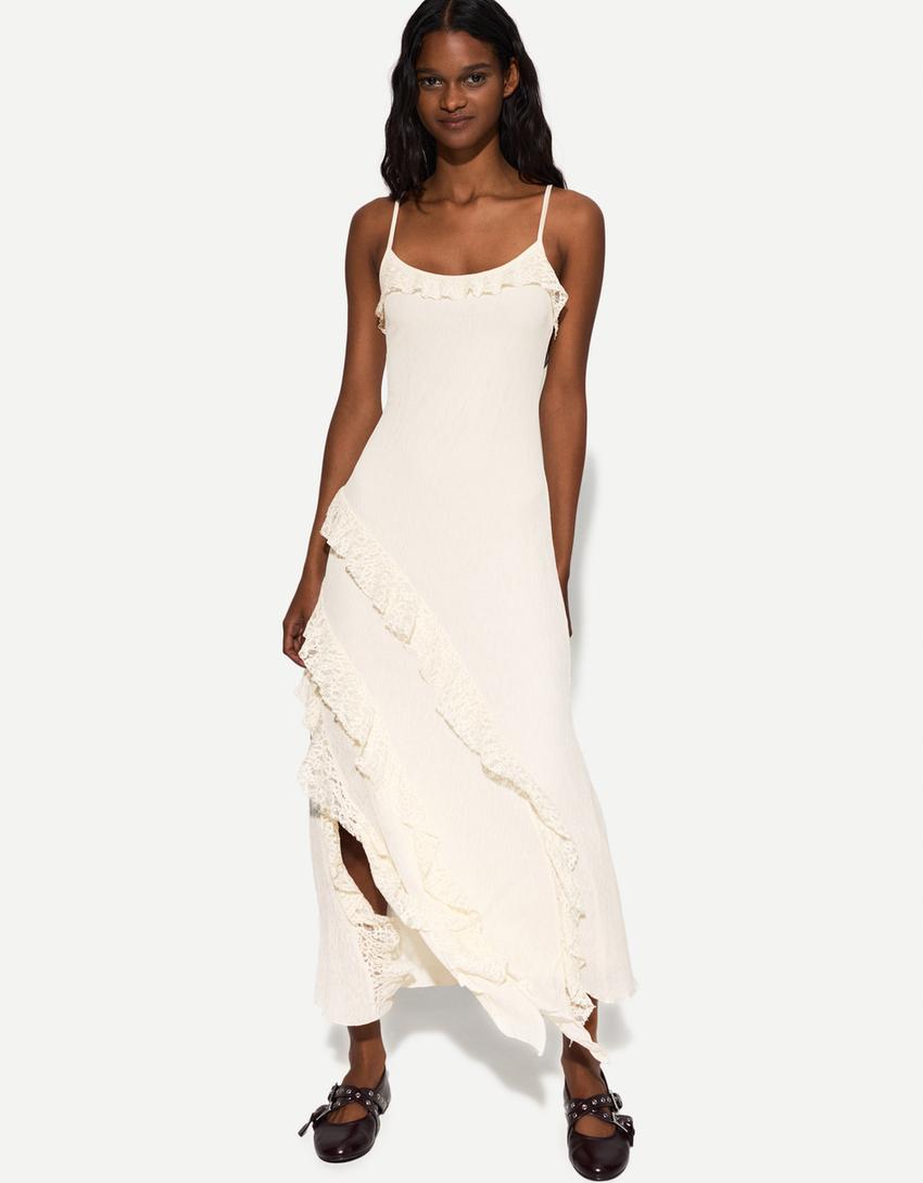 Ruffled maxi dress with blonde lace-Cream