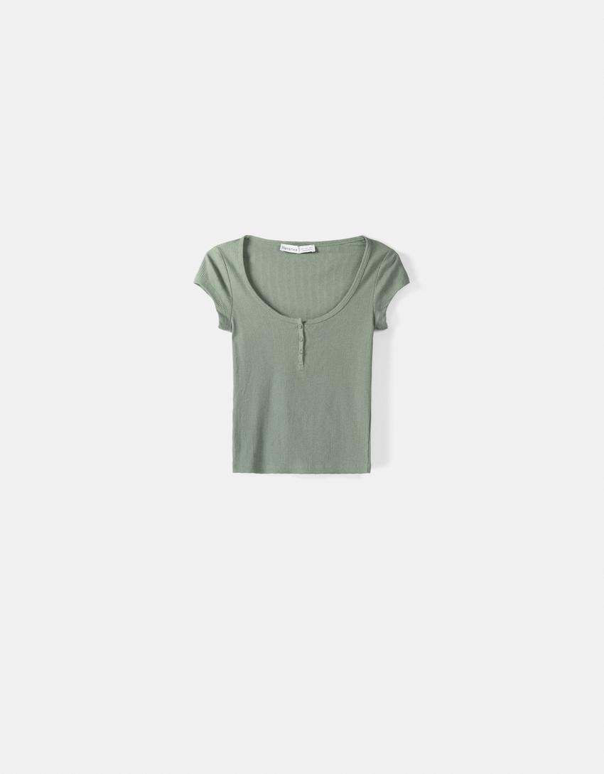 T-shirt manches courtes maille pointelle-Kaki-4