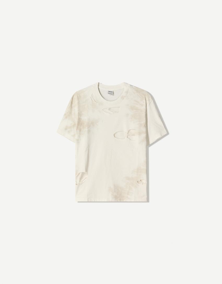 Faded-effect short sleeve ripped T-shirt