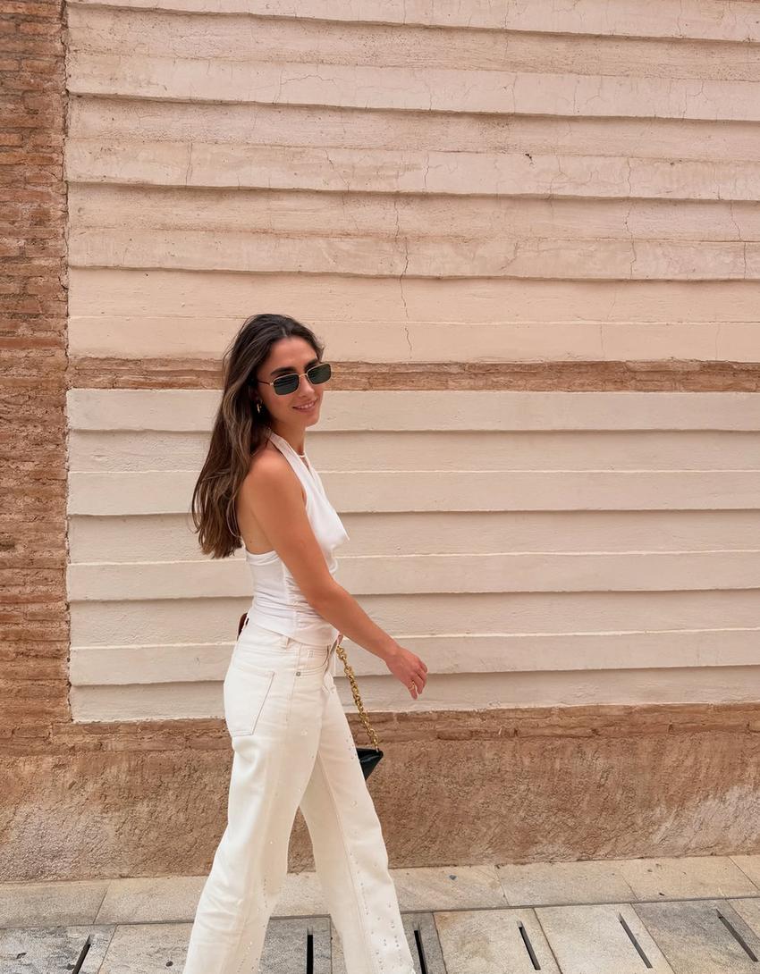 Straight wide leg jeans met stras-Ecru-1