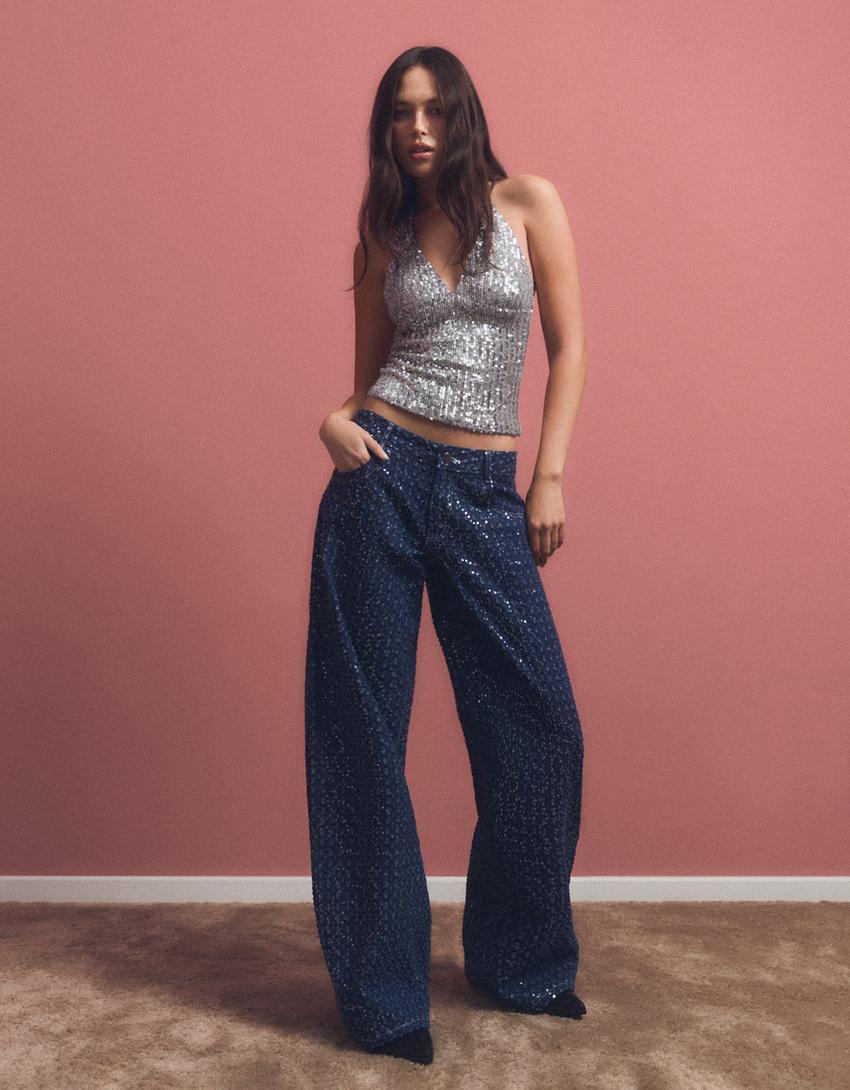 Neckholder-Top mit Drapierung und Pailletten-Silber