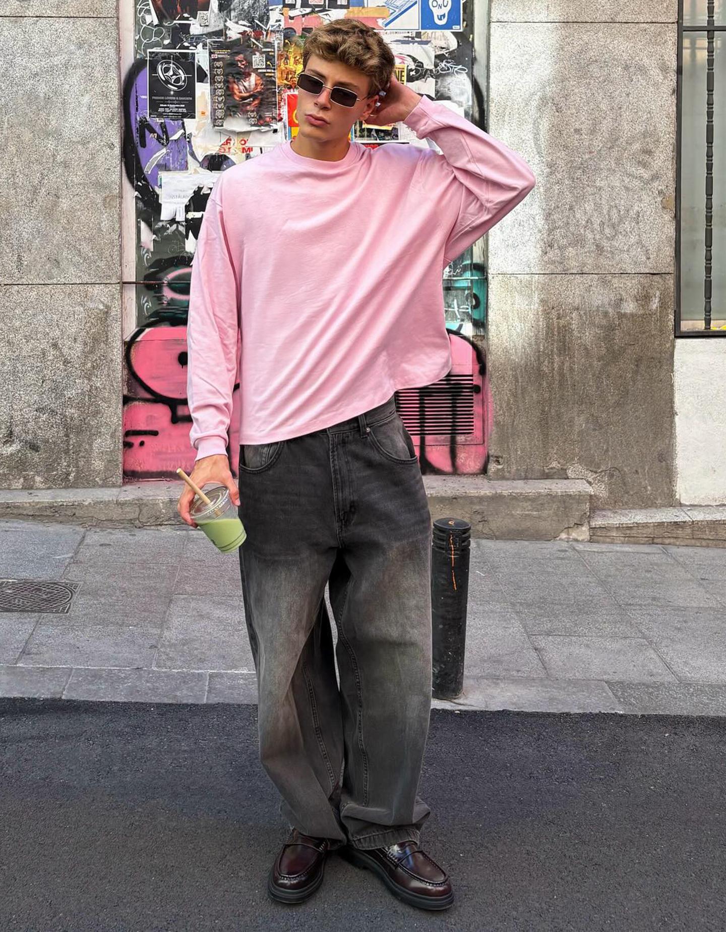 Bershka koszulka boxy z długim rękawem różowy