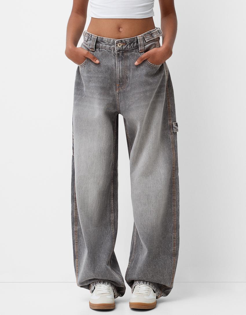 Adjustable balloon fit carpenter jeans-Grey