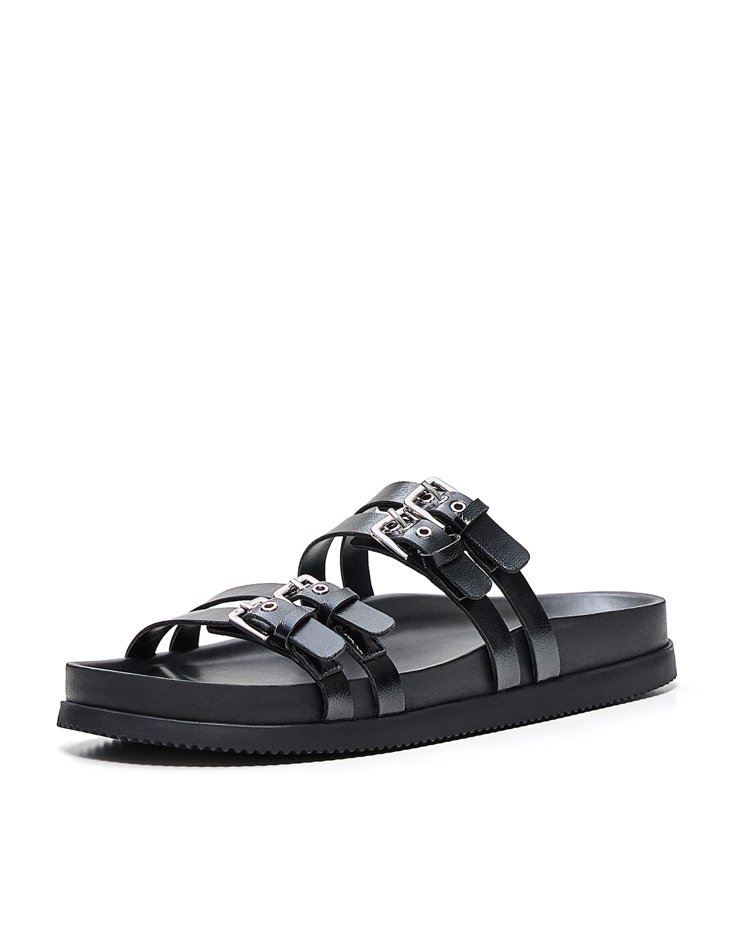 Double buckle flat slider sandals — BLACK