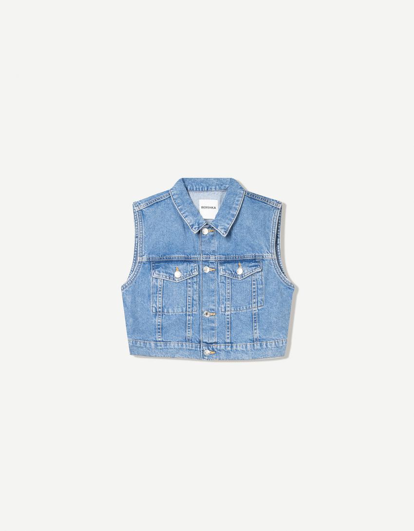 Crop denim yelek-Açık mavi-3