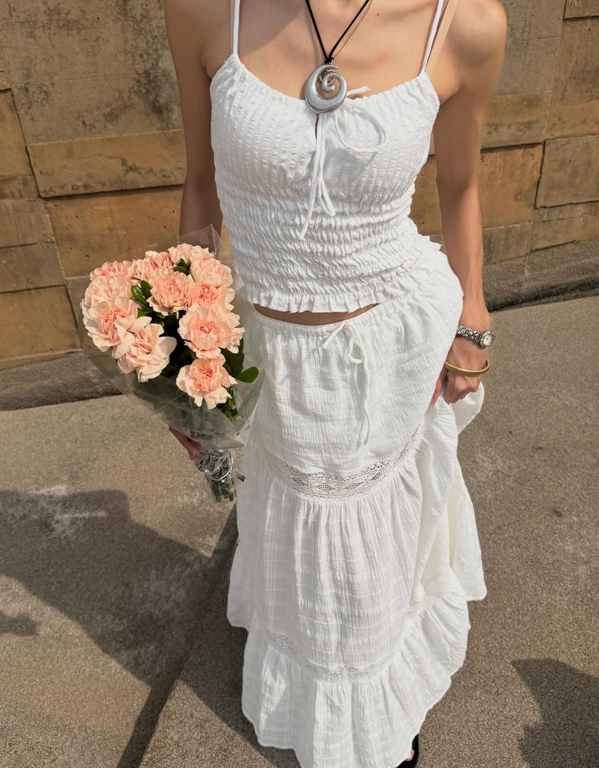 Midi skirt with lace trim-Off white-1