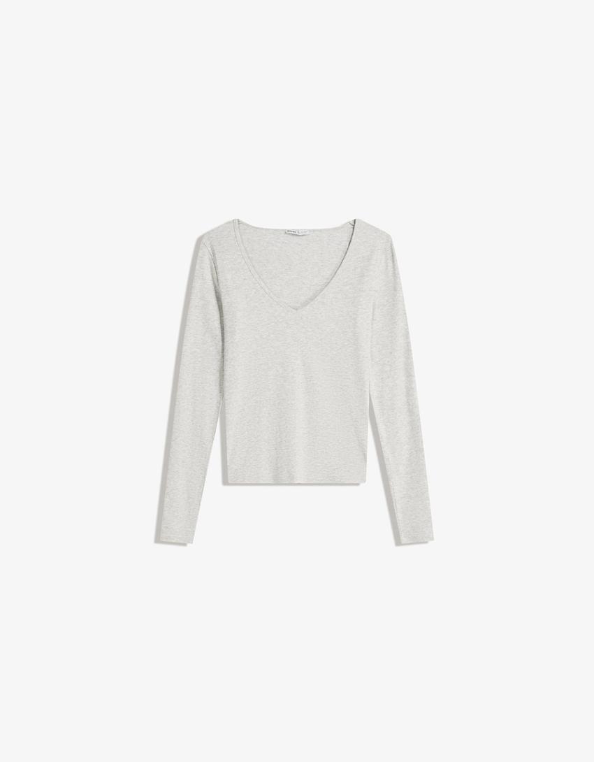 Camiseta manga larga cuello pico-Gris