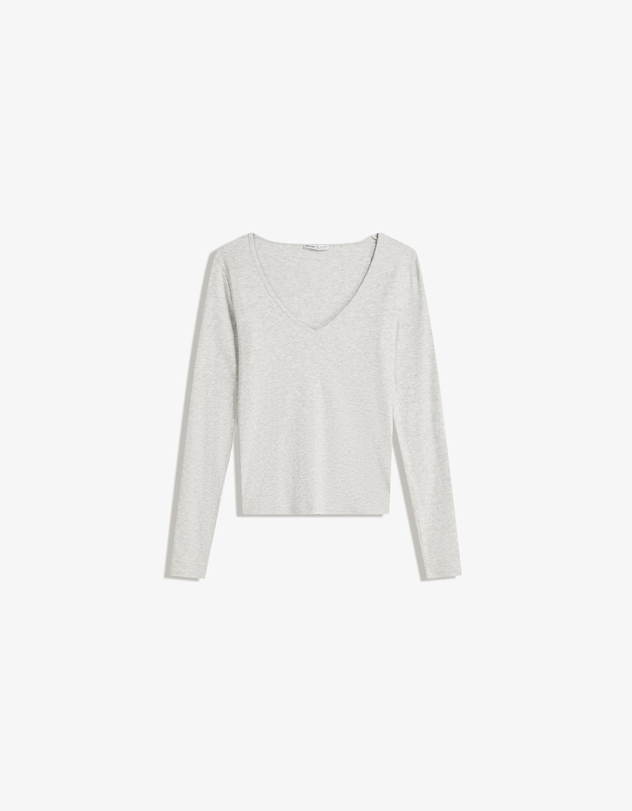 Bershka Camiseta Manga Larga Cuello Pico Mujer L Gris