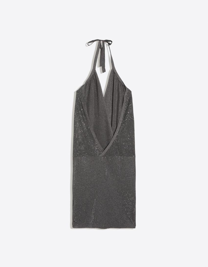 Mini halter parlak elbise-Gri