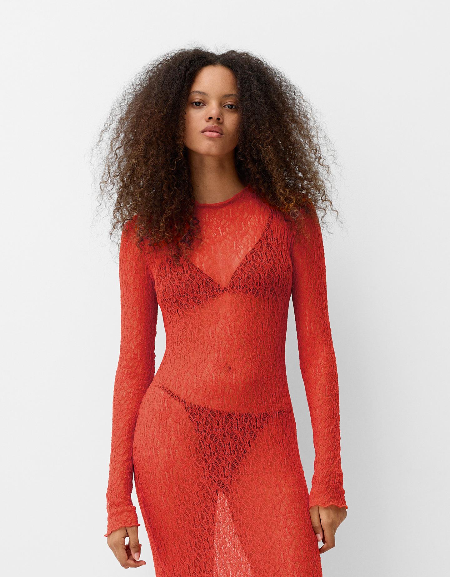 Bershka Vestido Blonda Cuello Alto Mujer L Rojo