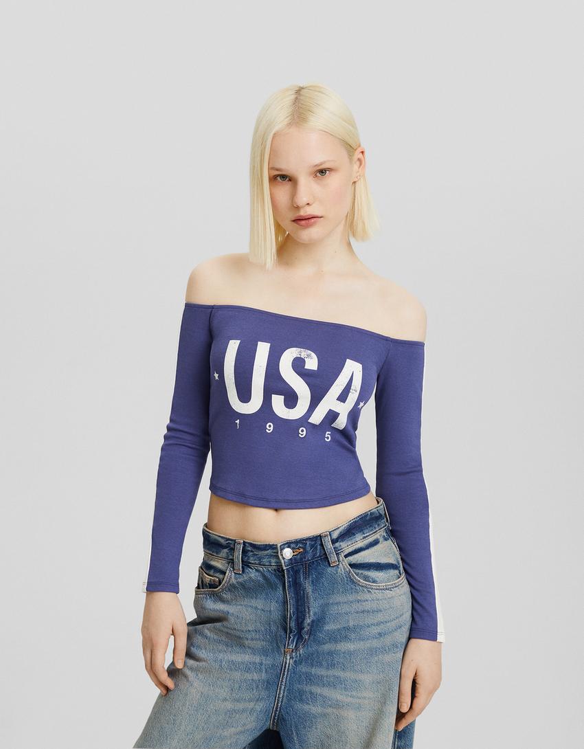 Top Bardot manches longues imprimé-Bleu-0